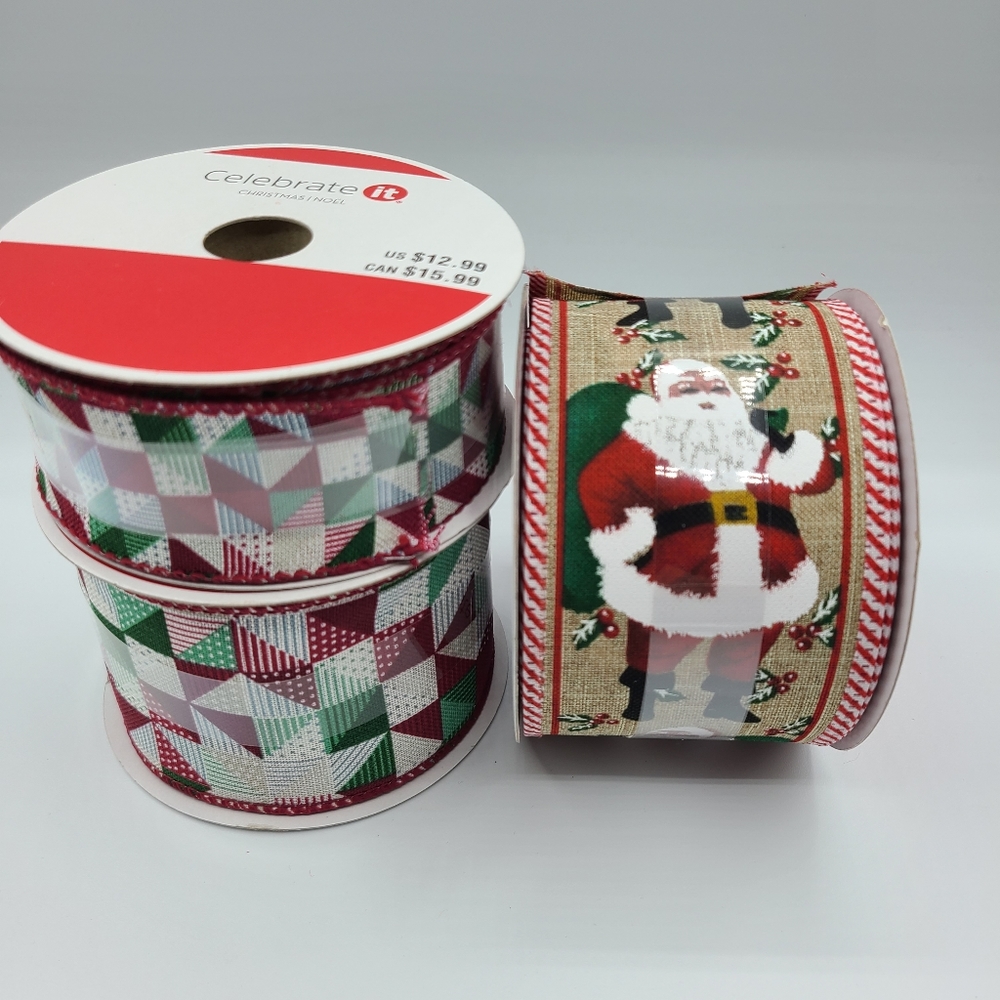 New - 3 x Santa Print, Red, Green & White Wired Ribbon by Celebrate It Decor